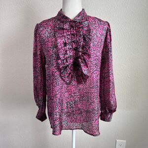 Just Cavalli Silk Ruffle Retro Print Blouse Women's IT 46 US 10 Long Sleeve Top
